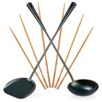 Small Yosukata Utensils Set: 17-inch (43cm) Pre-seasoned Carbon Steel Wok Spatula, Ladle and Bamboo Chopsticks