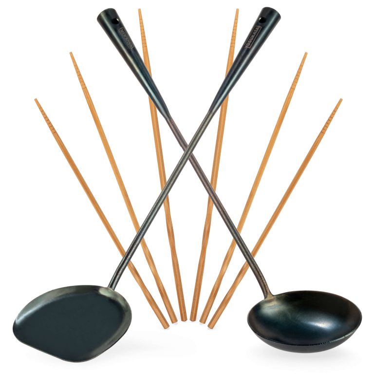 Yosukata Utensils Set: 17-inch (43cm) Pre-seasoned Carbon Steel Wok Spatula, Ladle and Bamboo Chopsticks