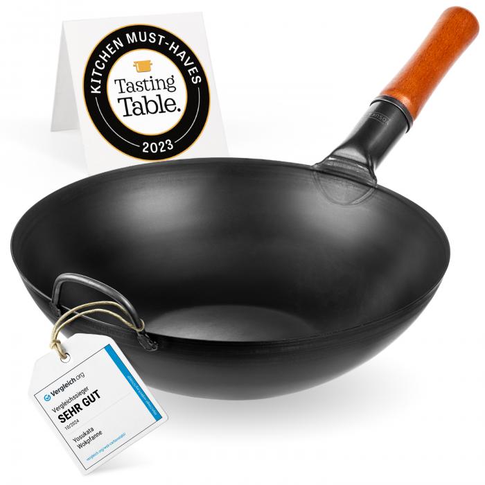 13,5-inch (34cm) Pre-Seasoned Black Carbon Steel Wok with Flat Bottom