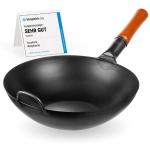 Small Yosukata 13,5-inch (34cm) Pre-Seasoned Black Carbon Steel Wok with Flat Bottom