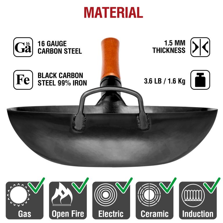 Yosukata Black Carbon Steel Wok 13,5-inch (34cm)+Spatula and Ladle Set
