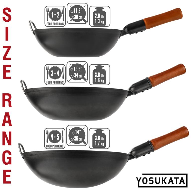 Yosukata Black Carbon Steel Wok 13,5-inch (34cm)+Spatula, Ladle and Skimmer Set