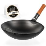 Small Yosukata Black Carbon Steel Wok 14-inch (36cm)+Wooden Wok Lid