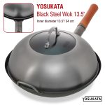 Small Yosukata Black Carbon Steel Wok 13,5-inch (34cm)+Stainless Steel Wok Lid+Spatula and Ladle Set