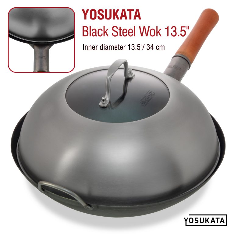 Yosukata Black Carbon Steel Wok 13,5-inch (34cm)+Stainless Steel Wok Lid+Spatula and Ladle Set