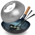 Small Yosukata Blue Carbon Steel Wok 13,5-inch (34 cm)+Stainless Steel Wok Lid+Carbon Steel Wok Spatula, Ladle and Bamboo Chopsticks