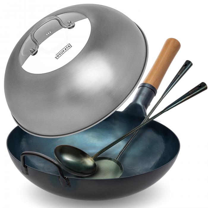 Yosukata Blue Carbon Steel Wok 13,5-inch (34 cm)+Stainless Steel Wok Lid+Carbon Steel Wok Spatula, Ladle and Bamboo Chopsticks