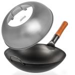 Small Yosukata Black Carbon Steel Wok 14-inch (36cm)+Stainless Steel Wok Lid