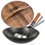 Small Yosukata Black Carbon Steel Wok 14-inch (36cm)+Wooden Wok Lid+Spatula and Ladle