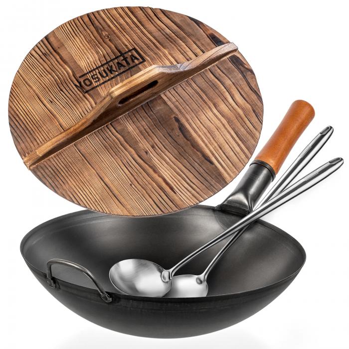 Yosukata Black Carbon Steel Wok 14-inch (36cm)+Wooden Wok Lid+Spatula and Ladle