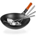 Small Yosukata Black Carbon Steel Wok 13,5-inch (34cm)+Spatula, Ladle and Skimmer Set