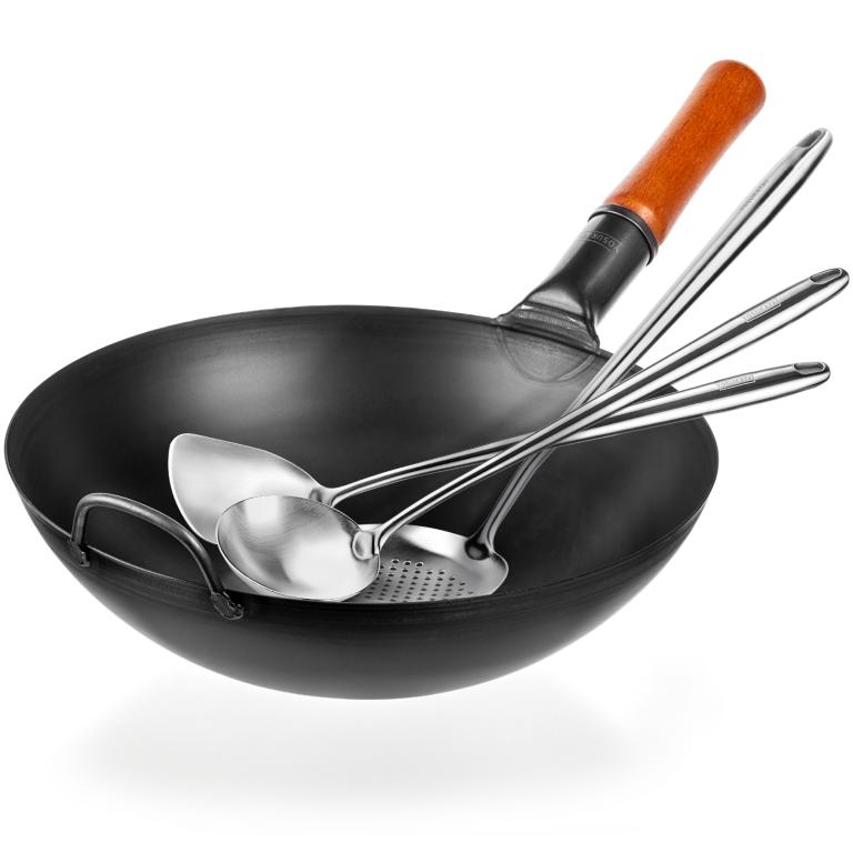 Yosukata Black Carbon Steel Wok 13,5-inch (34cm)+Spatula, Ladle and Skimmer Set