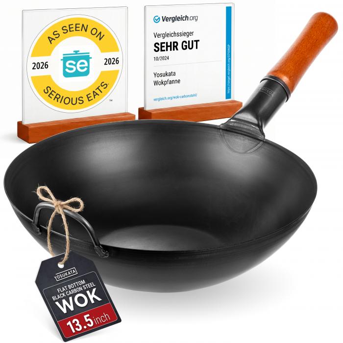 Yosukata 34 cm (13.5-inch) Pre-Seasoned Black Carbon Steel Wok with Flat Bottom