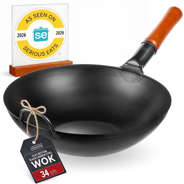 Yosukata 34 cm (13.5-inch) Pre-Seasoned Black Carbon Steel Wok with Flat Bottom